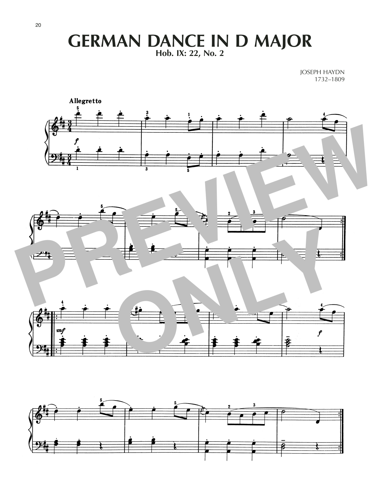 Franz Joseph Haydn German Dance In D Major, Hob. IX: 22, No. 2 sheet music, chords, lyrics - Printable PDF for Piano Solo