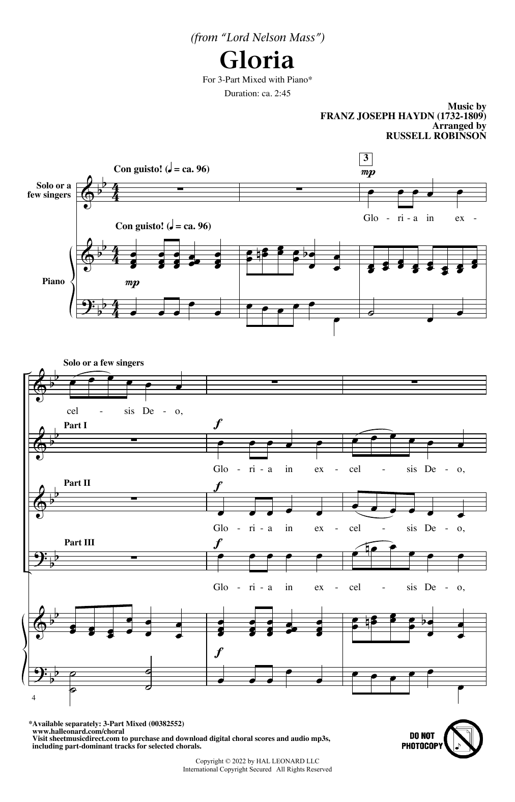 Franz Joseph Haydn Gloria (from Lord Nelson Mass) (arr. Russell Robinson) sheet music, chords, lyrics - Printable PDF for 3-Part Mixed Choir