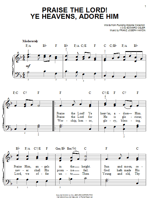 Franz Joseph Haydn Praise The Lord! Ye Heavens, Adore Him sheet music, chords, lyrics - Printable PDF for Easy Piano