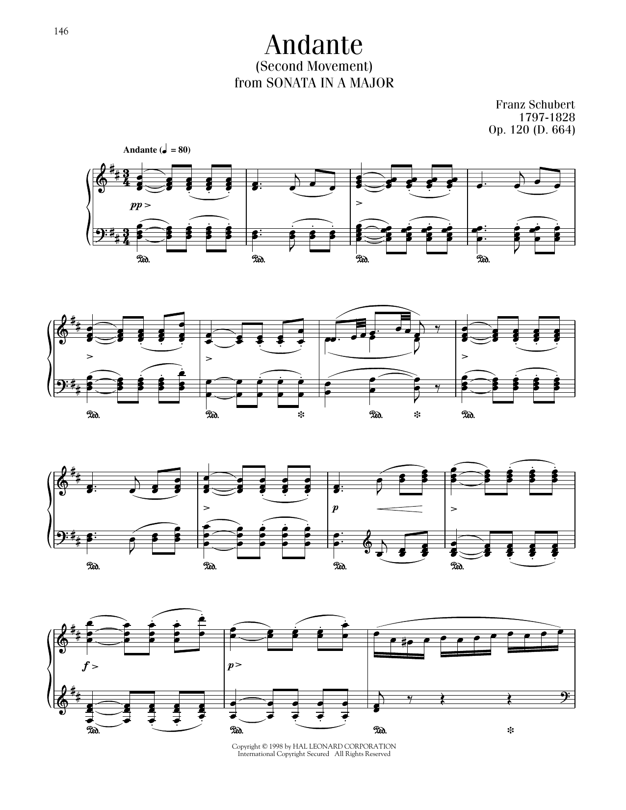 Franz Schubert Andante, Op. 120, D. 664, Second Movement sheet music, chords, lyrics - Printable PDF for Piano Solo