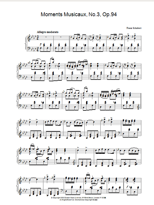 Franz Schubert Moments Musicaux, No.3, Op.94 sheet music, chords, lyrics - Printable PDF for Piano