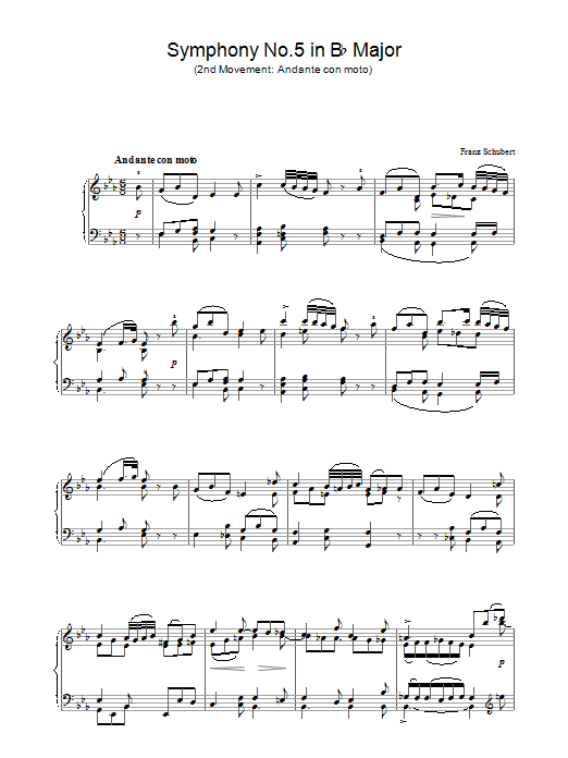 Franz Schubert Symphony No.5 in B Flat Major - 2nd Movement: Andante con moto sheet music, chords, lyrics - Printable PDF for Piano