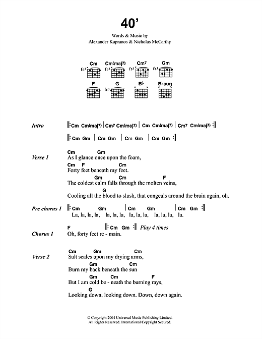 Franz Ferdinand 40' sheet music preview music notes and score for Lyrics & Chords including 2 page(s)