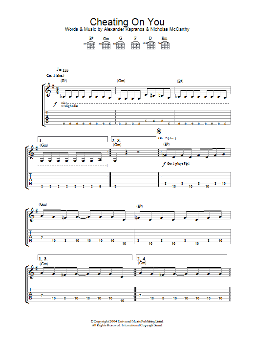 Franz Ferdinand Cheating On You sheet music preview music notes and score for Lyrics & Chords including 2 page(s)