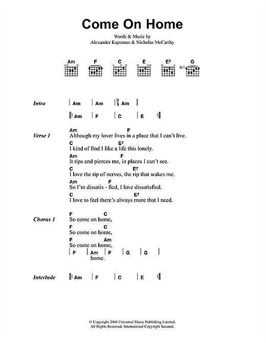 Franz Ferdinand Come On Home sheet music preview music notes and score for Lyrics & Chords including 2 page(s)