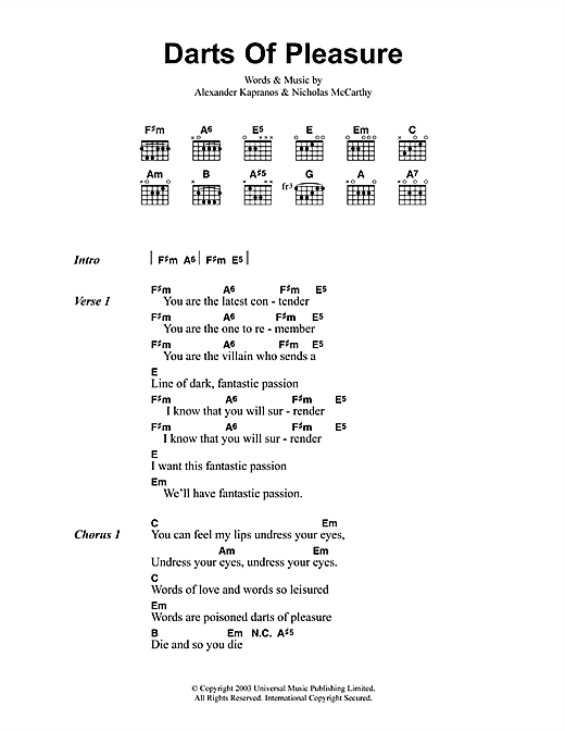 Franz Ferdinand Darts Of Pleasure sheet music preview music notes and score for Lyrics & Chords including 3 page(s)