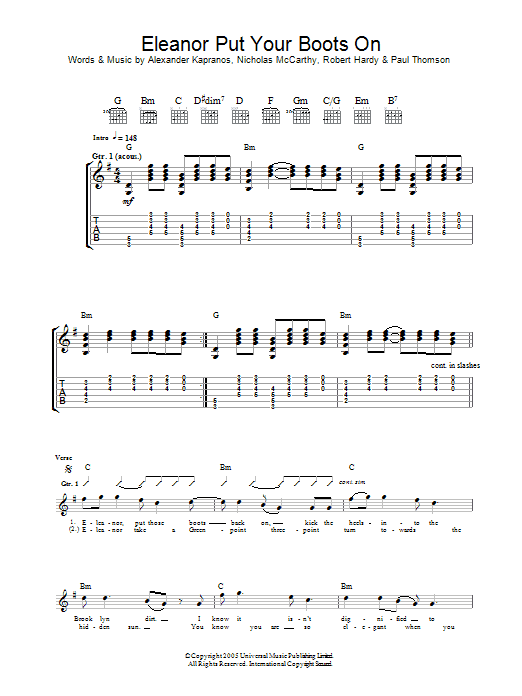 Franz Ferdinand Eleanor Put Your Boots On sheet music preview music notes and score for Guitar Tab including 4 page(s)