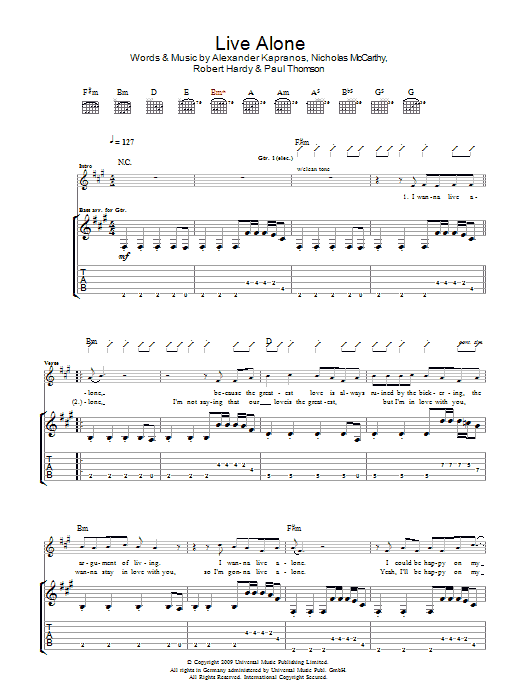 Franz Ferdinand Live Alone sheet music preview music notes and score for Guitar Tab including 5 page(s)