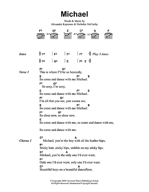 Franz Ferdinand Michael sheet music preview music notes and score for Lyrics & Chords including 3 page(s)
