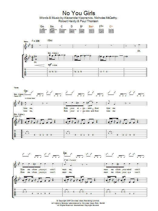 Franz Ferdinand No You Girls sheet music preview music notes and score for Guitar Tab including 6 page(s)