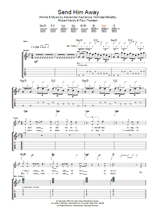 Franz Ferdinand Send Him Away sheet music preview music notes and score for Guitar Tab including 4 page(s)