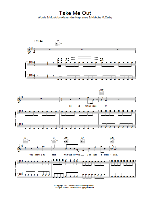 Franz Ferdinand Take Me Out sheet music preview music notes and score for Lyrics & Chords including 3 page(s)