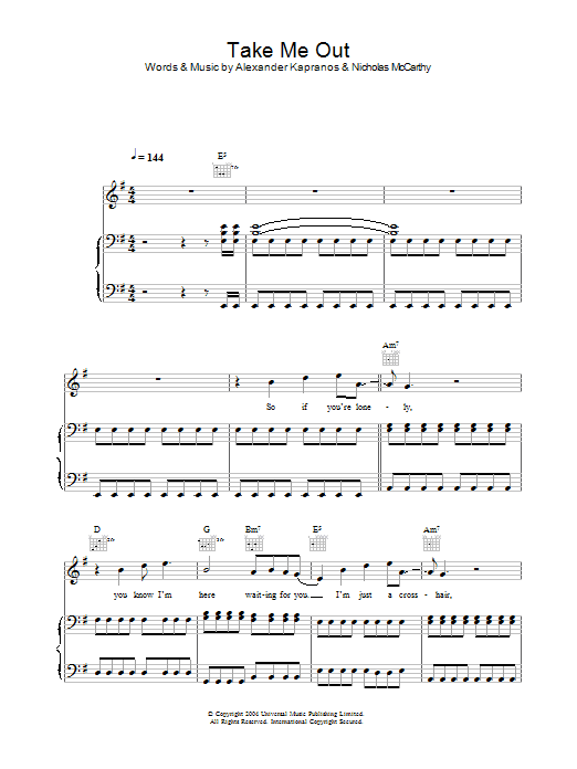 Learn to play Franz Ferdinand Take Me Out sheet music for Piano, Vocal & Guitar in minutes. Franz Ferdinand Take Me Out sheet music preview music notes and score for Piano, Vocal & Guitar including 9 page(s)