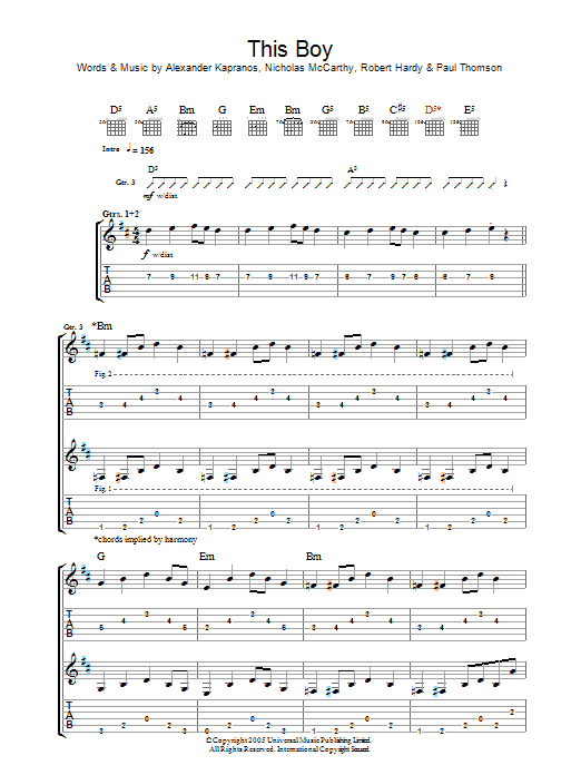 Franz Ferdinand This Boy sheet music preview music notes and score for Lyrics & Chords including 3 page(s)