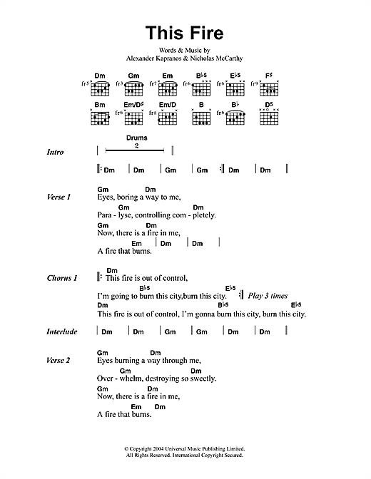 Franz Ferdinand This Fire sheet music preview music notes and score for Lyrics & Chords including 2 page(s)