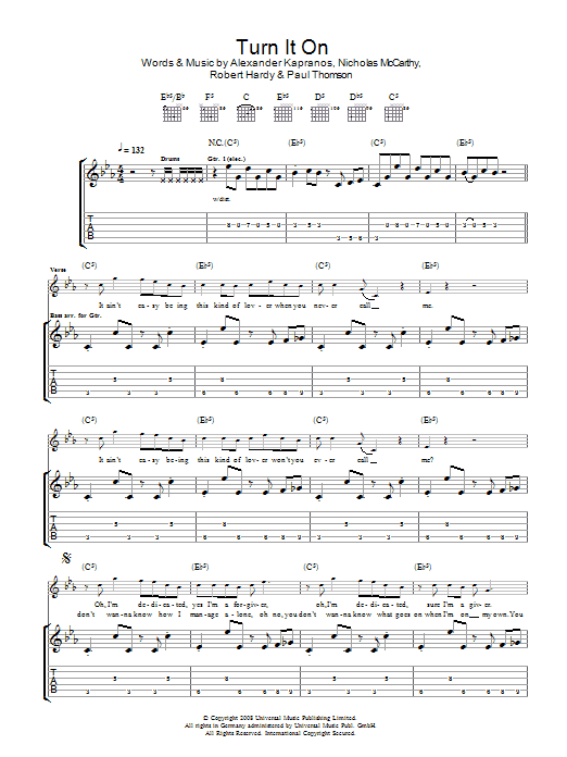 Franz Ferdinand Turn It On sheet music preview music notes and score for Guitar Tab including 4 page(s)