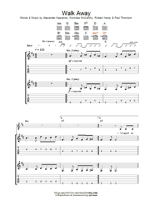 Franz Ferdinand Walk Away sheet music preview music notes and score for Guitar Tab including 8 page(s)