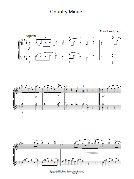 Learn to play Franz Joseph Haydn Country Minuet sheet music for Piano in minutes. Franz Joseph Haydn Country Minuet sheet music preview music notes and score for Piano including 2 page(s)