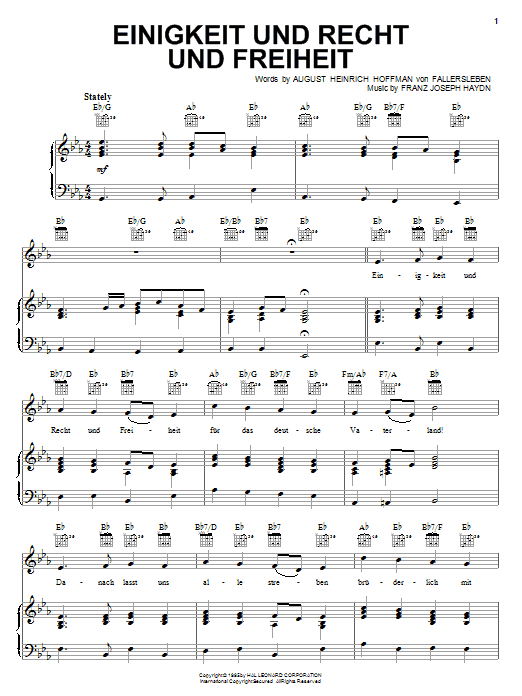 Franz Joseph Haydn Einigkeit Und Recht Und Freiheit (German National Anthem) sheet music preview music notes and score for Piano, Vocal & Guitar (Right-Hand Melody) including 2 page(s)