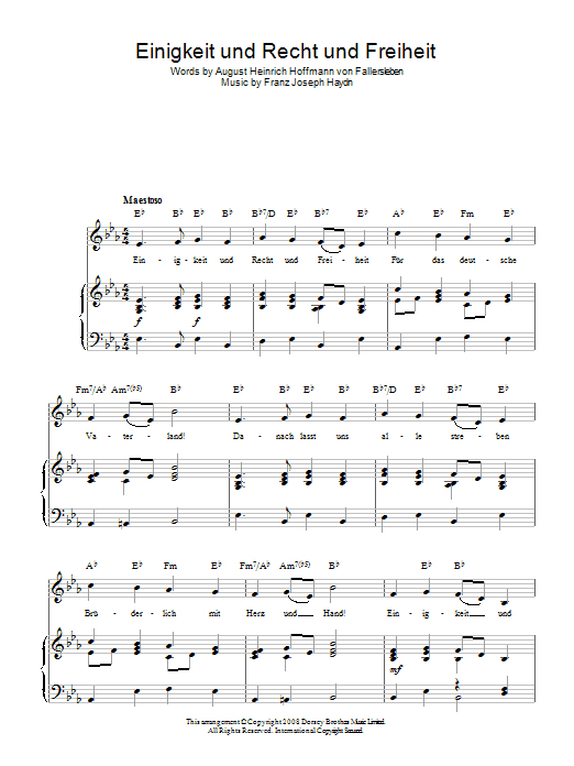 Learn to play Franz Joseph Haydn Einigkeit Und Recht Und Freiheit (German National Anthem) sheet music for Piano, Vocal & Guitar (Right-Hand Melody) in minutes. Franz Joseph Haydn Einigkeit Und Recht Und Freiheit (German National Anthem) sheet music preview music notes and score for Piano, Vocal & Guitar (Right-Hand Melody) including 2 page(s)