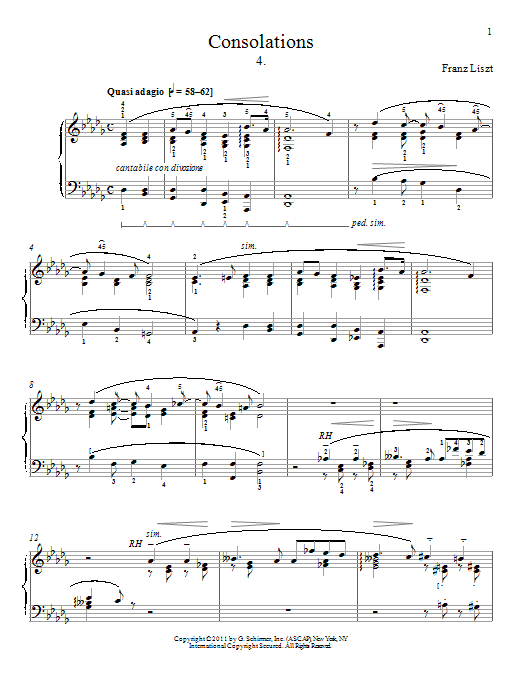 Learn to play Franz Liszt Consolation No. 4 sheet music for Piano in minutes. Franz Liszt Consolation No. 4 sheet music preview music notes and score for Piano including 2 page(s)