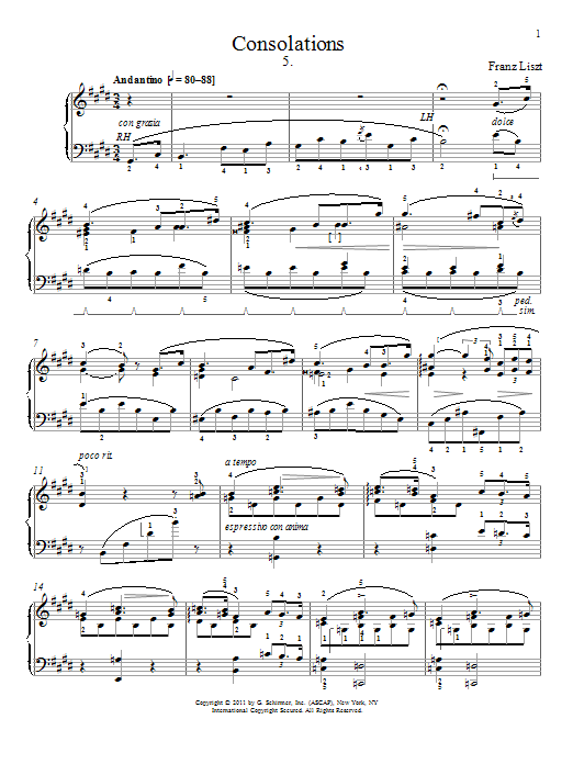 Learn to play Franz Liszt Consolation No. 5 sheet music for Piano in minutes. Franz Liszt Consolation No. 5 sheet music preview music notes and score for Piano including 3 page(s)