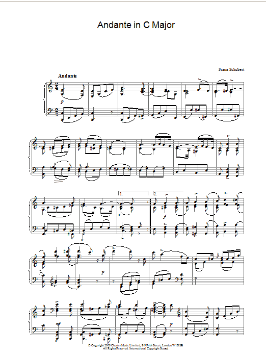 Learn to play Franz Schubert Andante in C Major sheet music for Piano in minutes. Franz Schubert Andante in C Major sheet music preview music notes and score for Piano including 2 page(s)