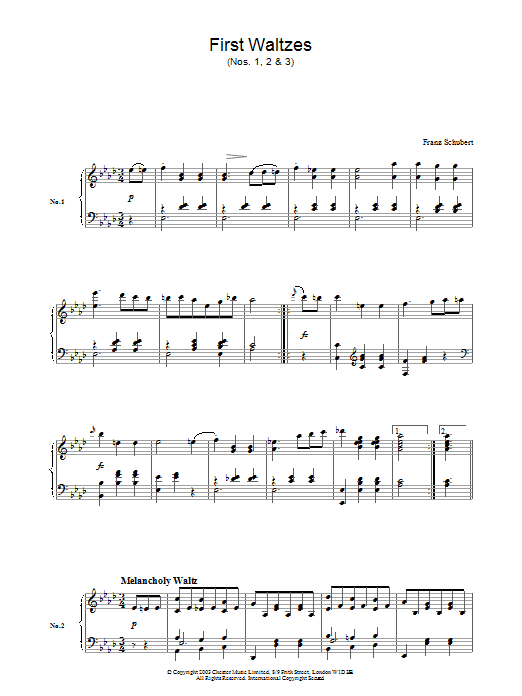 Learn to play Franz Schubert First Waltzes (Nos. 1, 2 & 3) sheet music for Piano in minutes. Franz Schubert First Waltzes (Nos. 1, 2 & 3) sheet music preview music notes and score for Piano including 2 page(s)