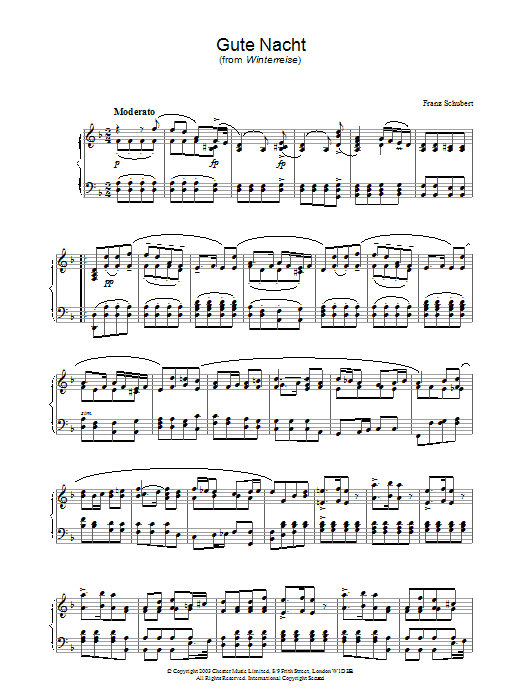 Franz Schubert Gute Nacht (from 'Winterreise') sheet music preview music notes and score for Piano including 2 page(s)