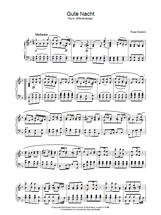 Learn to play Franz Schubert Gute Nacht (from 'Winterreise') sheet music for Piano in minutes. Franz Schubert Gute Nacht (from 'Winterreise') sheet music preview music notes and score for Piano including 2 page(s)