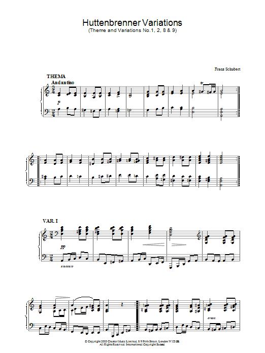 Learn to play Franz Schubert Huttenbrenner Variations (Theme and Variations Nos. 1, 2, 8 & 9) sheet music for Piano in minutes. Franz Schubert Huttenbrenner Variations (Theme and Variations Nos. 1, 2, 8 & 9) sheet music preview music notes and score for Piano including 4 page(s)