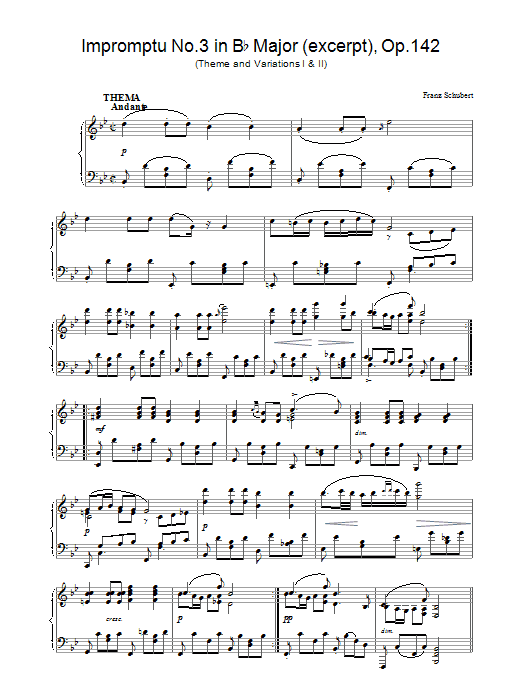Franz Schubert Impromptu No. 3 in B Flat Major (excerpt), Op.142 sheet music preview music notes and score for Piano including 4 page(s)
