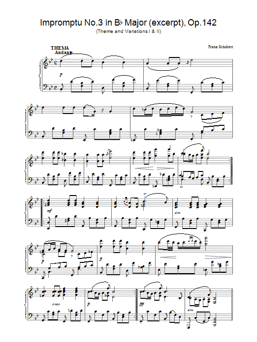 Learn to play Franz Schubert Impromptu No. 3 in B Flat Major (excerpt), Op.142 sheet music for Piano in minutes. Franz Schubert Impromptu No. 3 in B Flat Major (excerpt), Op.142 sheet music preview music notes and score for Piano including 4 page(s)