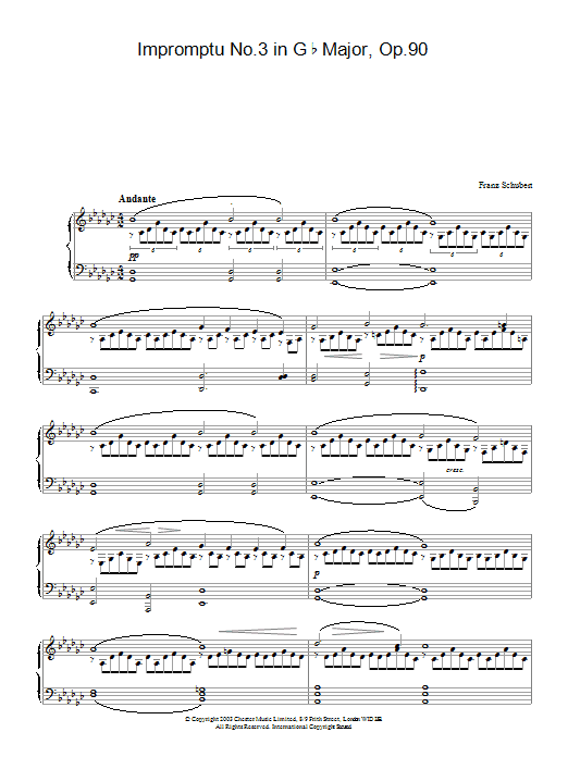 Learn to play Franz Schubert Impromptu No. 3 in G Flat Major, Op.90 sheet music for Piano in minutes. Franz Schubert Impromptu No. 3 in G Flat Major, Op.90 sheet music preview music notes and score for Piano including 8 page(s)