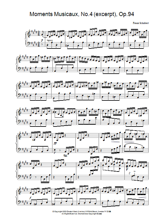 Learn to play Franz Schubert Moments Musicaux, No.4 (excerpt), Op.94 sheet music for Piano in minutes. Franz Schubert Moments Musicaux, No.4 (excerpt), Op.94 sheet music preview music notes and score for Piano including 2 page(s)