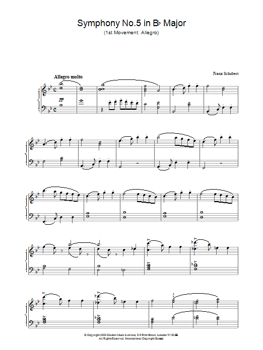 Learn to play Franz Schubert Symphony No.5 in B Flat Major - 1st Movement: Allegro sheet music for Piano in minutes. Franz Schubert Symphony No.5 in B Flat Major - 1st Movement: Allegro sheet music preview music notes and score for Piano including 4 page(s)