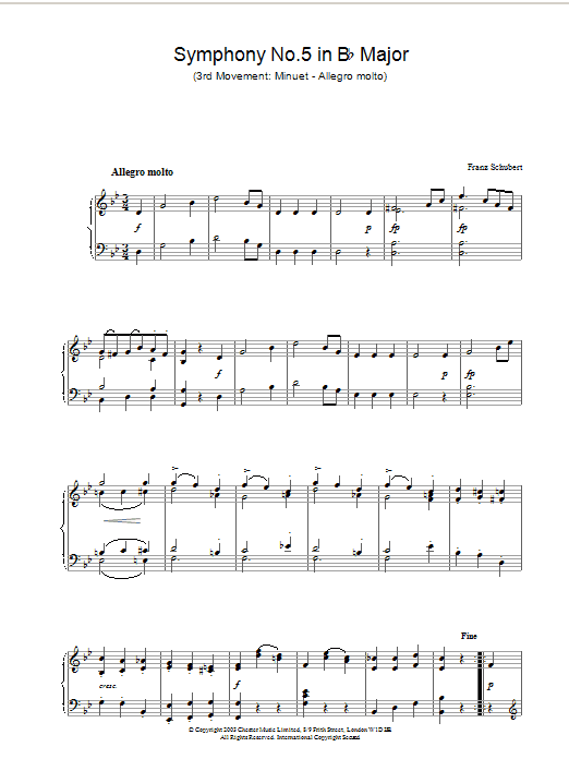 Learn to play Franz Schubert Symphony No.5 in B Flat Major - 3rd Movement: Minuet - Allegro molto sheet music for Piano in minutes. Franz Schubert Symphony No.5 in B Flat Major - 3rd Movement: Minuet - Allegro molto sheet music preview music notes and score for Piano including 2 page(s)