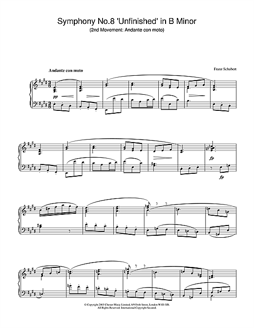 Learn to play Franz Schubert Symphony No.8 'Unfinished' in B Minor - 2nd Movement: Andante con moto sheet music for Piano in minutes. Franz Schubert Symphony No.8 'Unfinished' in B Minor - 2nd Movement: Andante con moto sheet music notes and chords