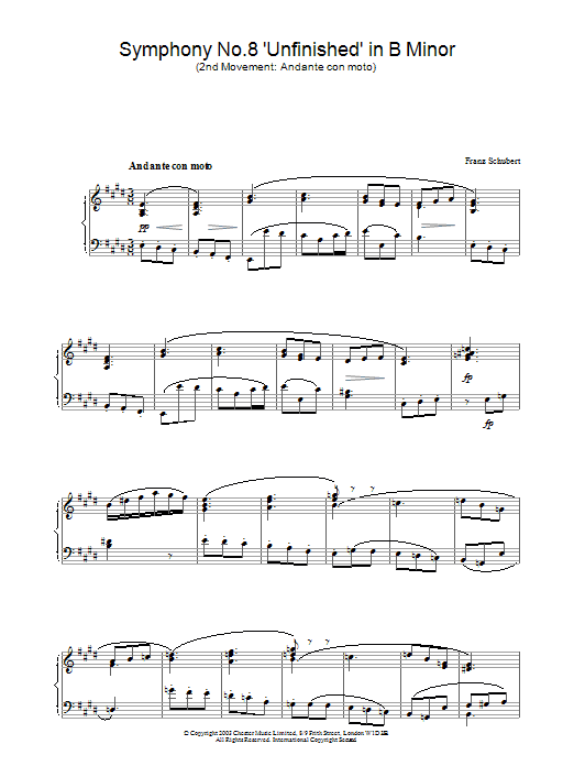 Franz Schubert Symphony No.8 'Unfinished' in B Minor - 2nd Movement: Andante con moto sheet music preview music notes and score for Piano including 2 page(s)