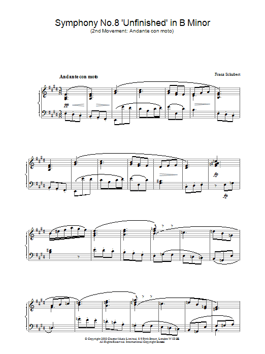 Learn to play Franz Schubert Symphony No.8 'Unfinished' in B Minor - 2nd Movement: Andante con moto sheet music for Piano in minutes. Franz Schubert Symphony No.8 'Unfinished' in B Minor - 2nd Movement: Andante con moto sheet music preview music notes and score for Piano including 2 page(s)