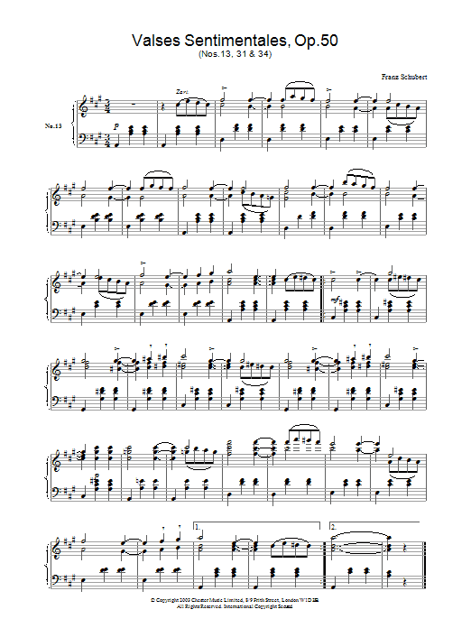 Learn to play Franz Schubert Valses Sentimentales, Op.50, Nos.13, 31 & 34. sheet music for Piano in minutes. Franz Schubert Valses Sentimentales, Op.50, Nos.13, 31 & 34. sheet music preview music notes and score for Piano including 2 page(s)