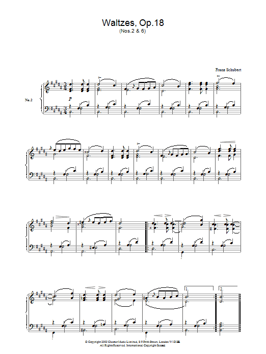 Learn to play Franz Schubert Waltzes Op.18, No.2 & No.6 sheet music for Piano in minutes. Franz Schubert Waltzes Op.18, No.2 & No.6 sheet music preview music notes and score for Piano including 2 page(s)
