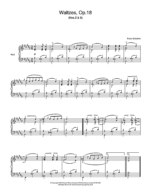 Learn to play Franz Schubert Waltzes Op.18, No.2 & No.6 sheet music for Piano in minutes. Franz Schubert Waltzes Op.18, No.2 & No.6 sheet music notes and chords
