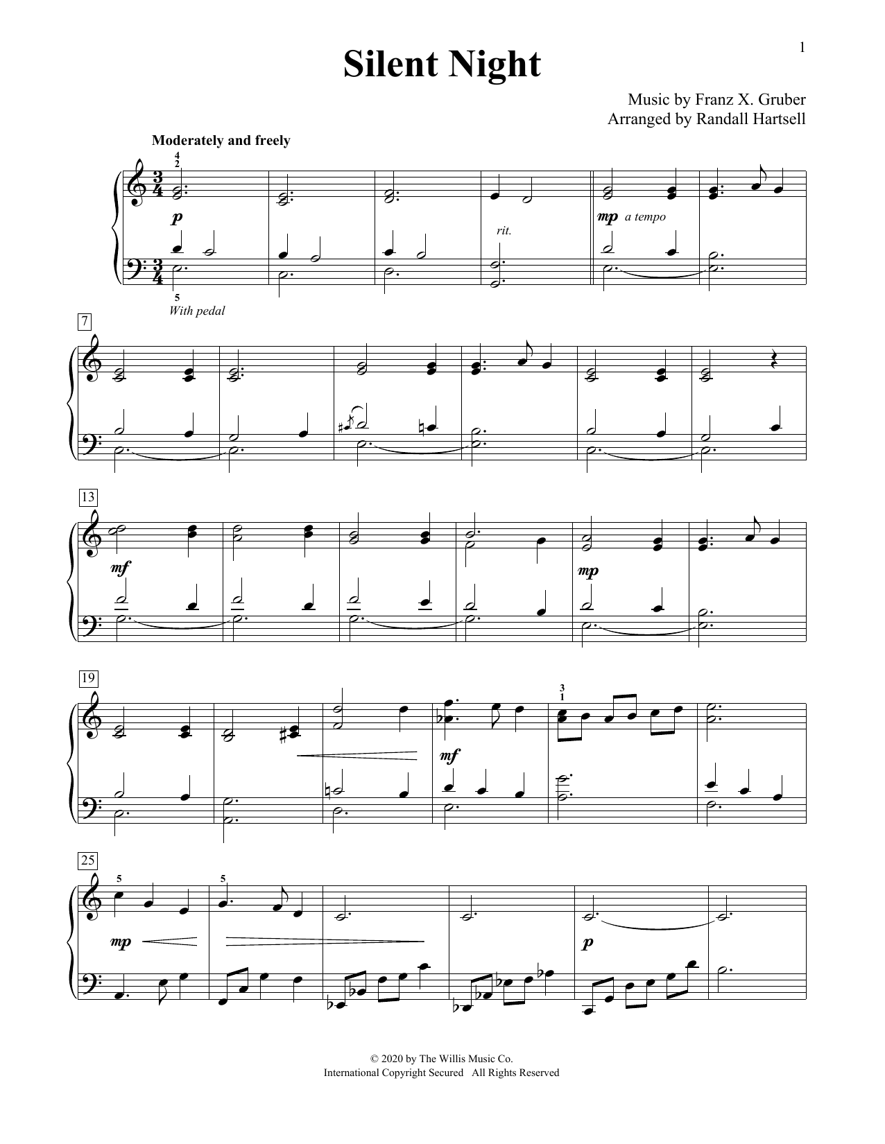 Learn to play Franz X. Gruber Silent Night (arr. Randall Hartsell) sheet music for Educational Piano in minutes. Franz X. Gruber Silent Night (arr. Randall Hartsell) sheet music preview music notes and score for Educational Piano including 3 page(s)