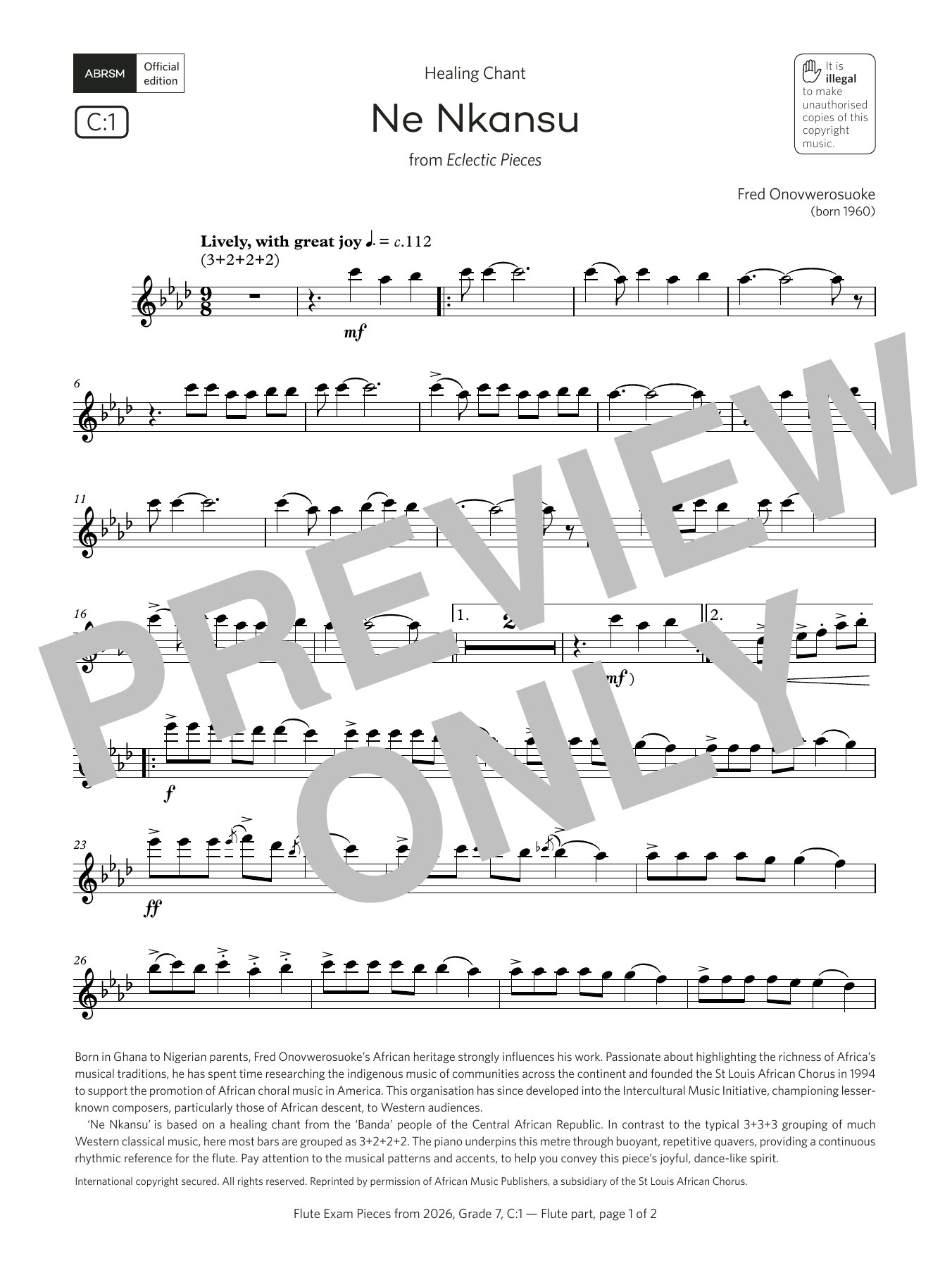 Fred Onovwerosuoke Ne Nkansu (Grade 7, list C1, from the ABRSM Flute Syllabus from 2026) sheet music, chords, lyrics - Printable PDF for Flute Solo