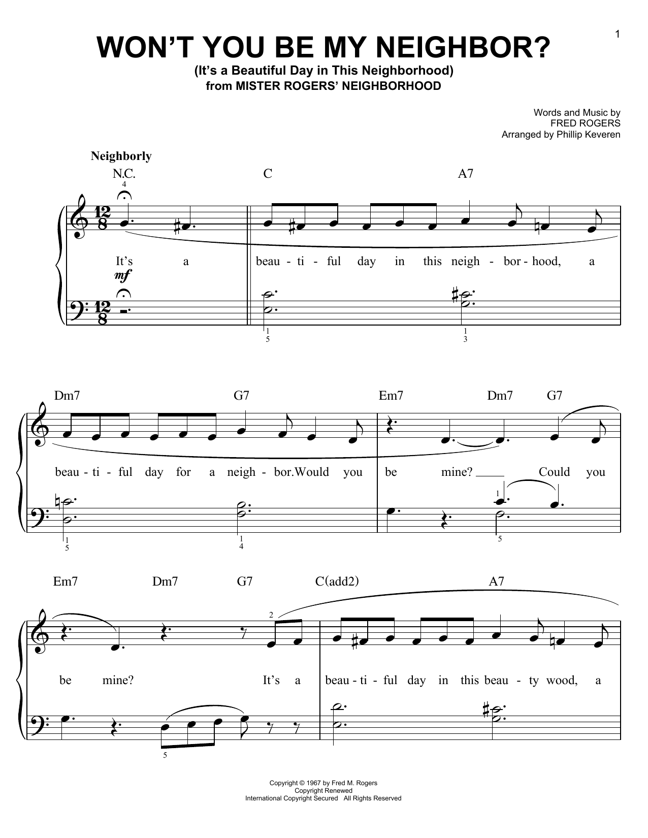 Fred Rogers Won't You Be My Neighbor? (It's A Beautiful Day In The Neighborhood) (arr. Phillip Keveren) sheet music, chords, lyrics - Printable PDF for Easy Piano