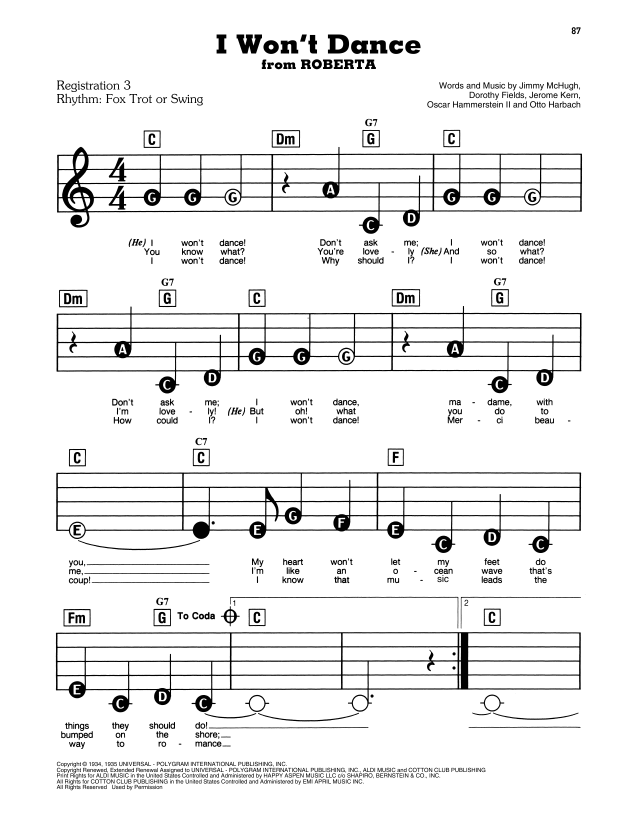 Learn to play Fred Astaire I Won't Dance (from Roberta) sheet music for E-Z Play Today in minutes. Fred Astaire I Won't Dance (from Roberta) sheet music preview music notes and score for E-Z Play Today including 3 page(s)