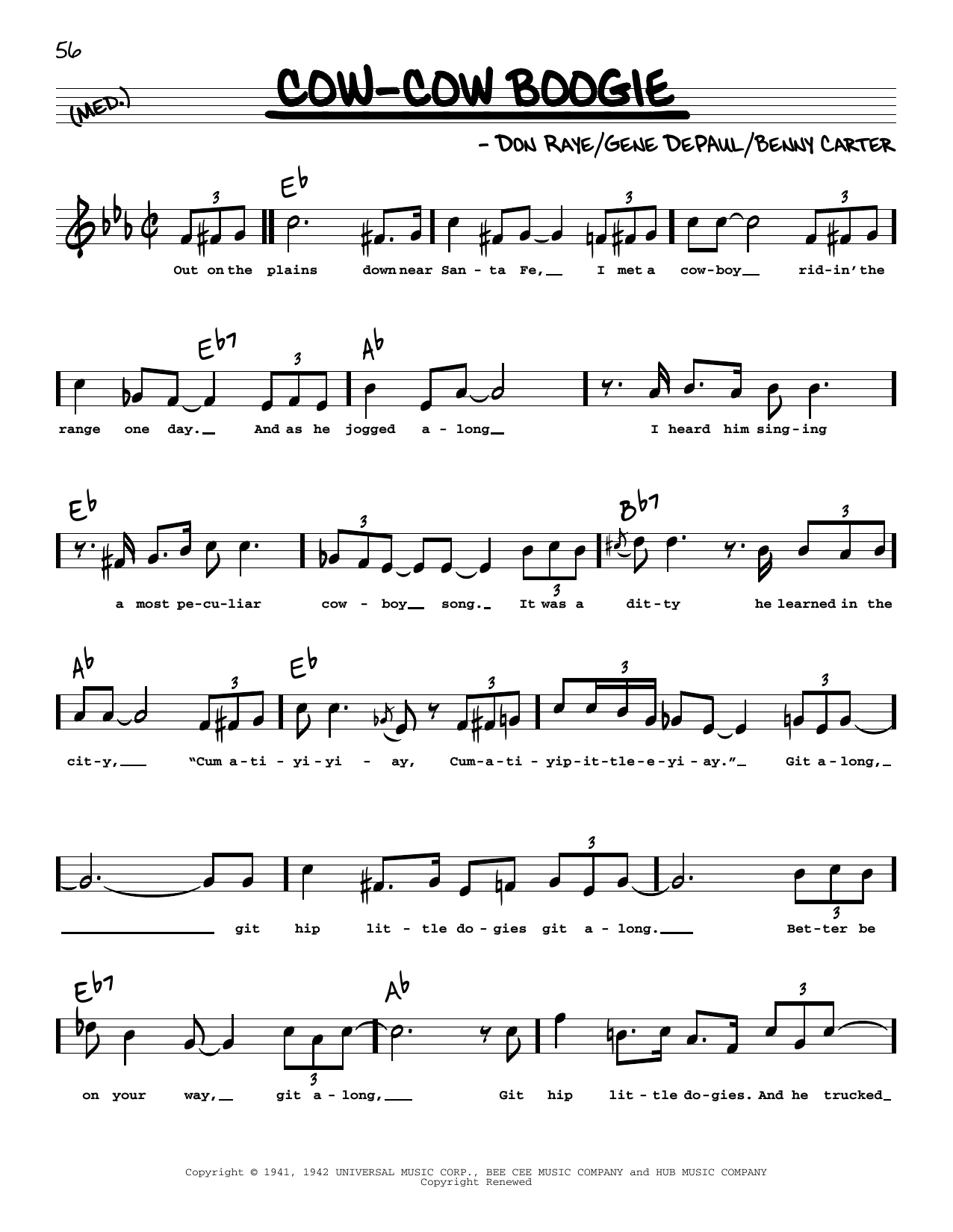 Freddie Slack & His Orchestra Cow-Cow Boogie (High Voice) sheet music, chords, lyrics - Printable PDF for Real Book – Melody, Lyrics & Chords