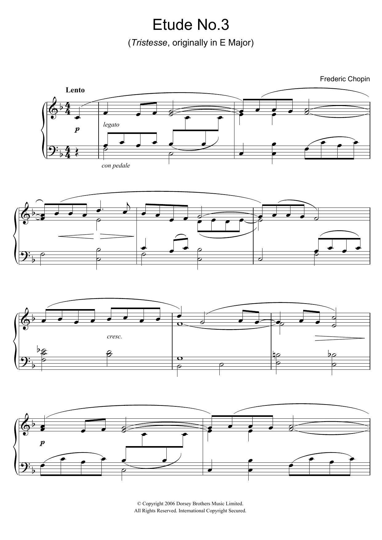 Frederic Chopin Etude in F Major, Op.10, No.3 (Tristesse) (originally E Major) sheet music, chords, lyrics - Printable PDF for Easy Piano