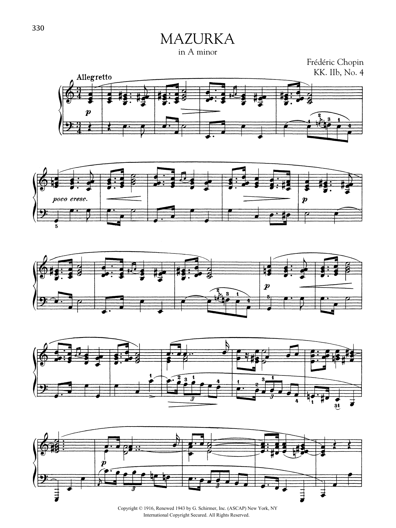Frederic Chopin Mazurka In A Minor, KK IIb, No. 4 sheet music, chords, lyrics - Printable PDF for Piano Solo